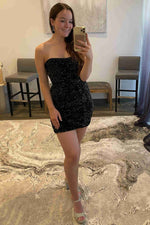 Fitted Strapless Black Sequined Homecoming Dress