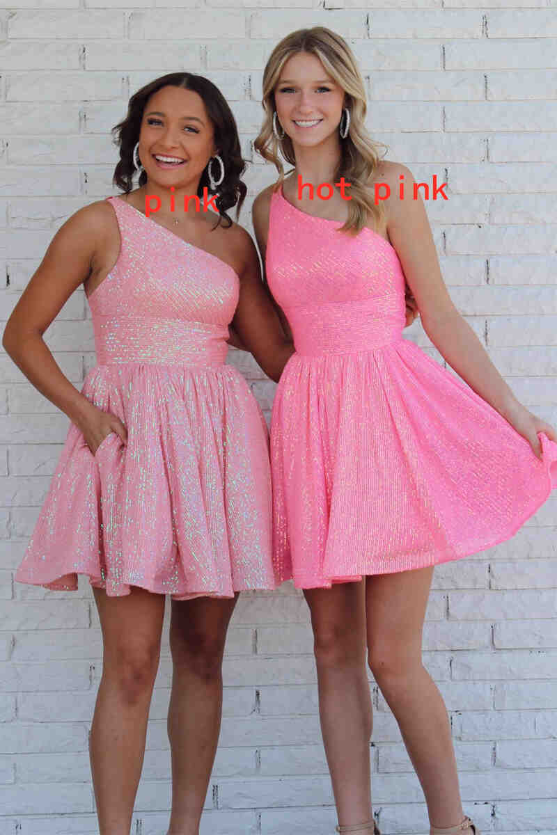A-Line Hot Pink One Shoulder Short Homecoming Dress