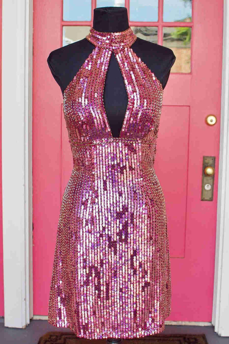 Keyhole Fuchsia Sequins Short Homecoming Dress