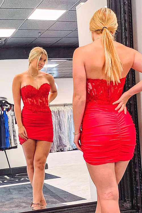 Strapless Red Lace Corset Short Homecoming Dress