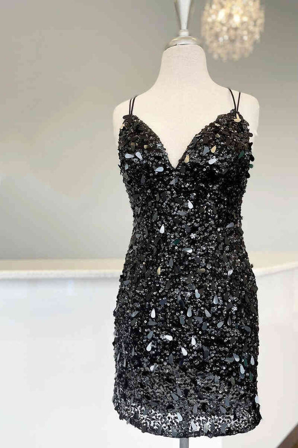 Tie Straps Balck Sequined Short Homecoming Dress