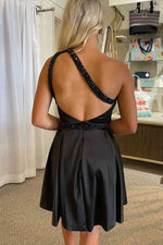 Chic One Shoulder Black Beaded Party Dress with Slit