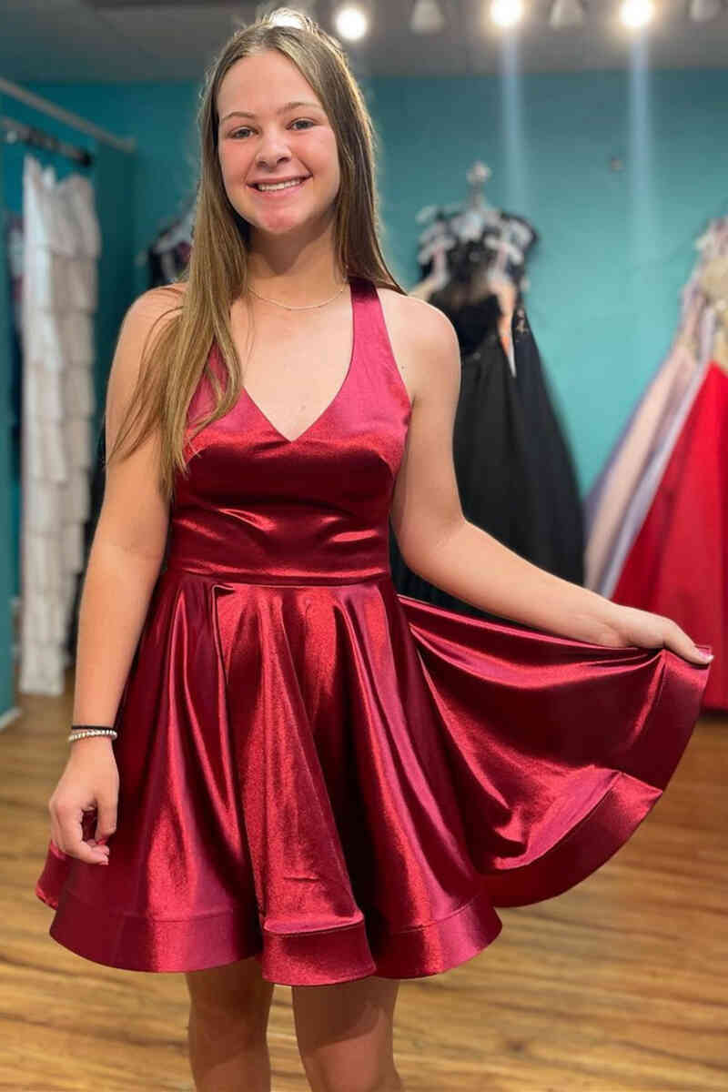 burgundy v neck homecoming dress Destiny Sparkly V Neck Sheath Mini Sequin Homecoming Dresses, Burgundy main image 0