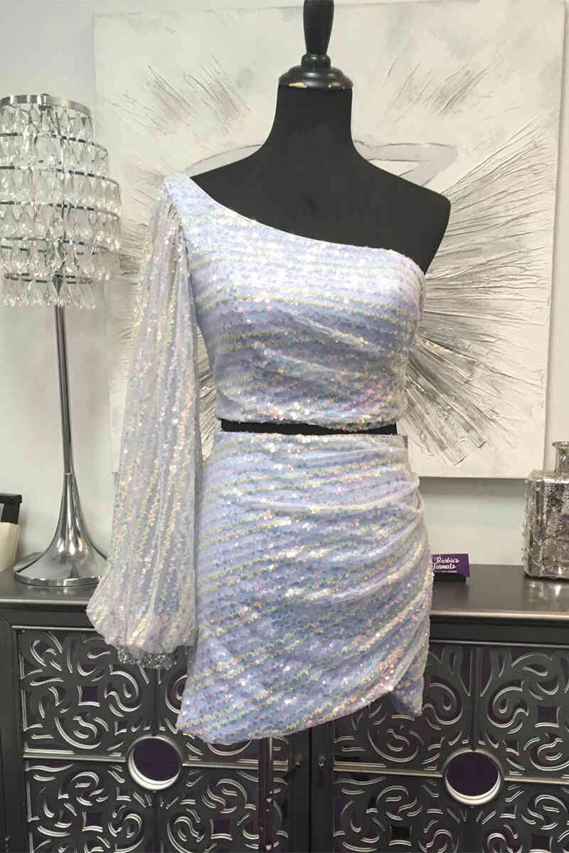 Long Sleeve White Sequined Two Piece Homecoming Dress FancyVestido Long Sleeve White Sequined Two Piece Homecoming Dress FancyVestido