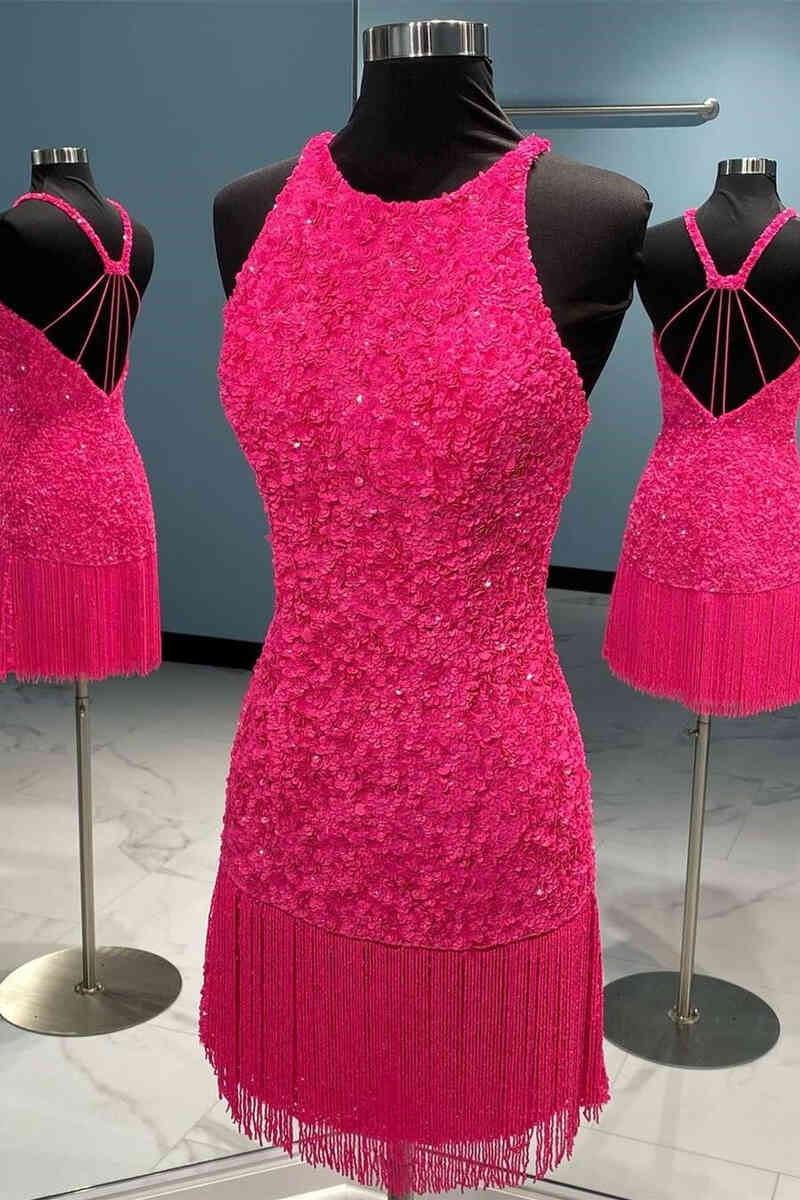 strapless open back dress Hot Pink Halter Tight Homecoming Dress with Tassel – FancyVestido