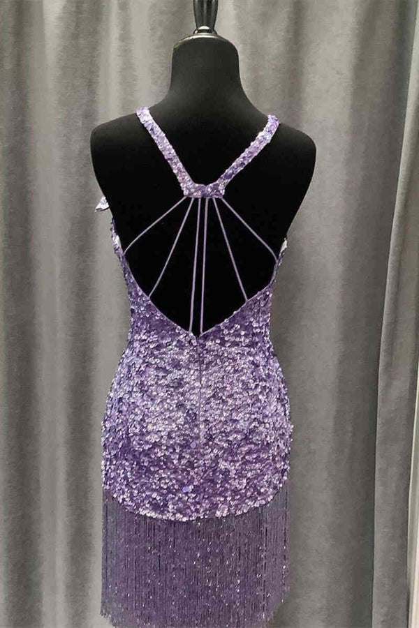 Hot Pink Halter Tight Homecoming Dress with Tassel