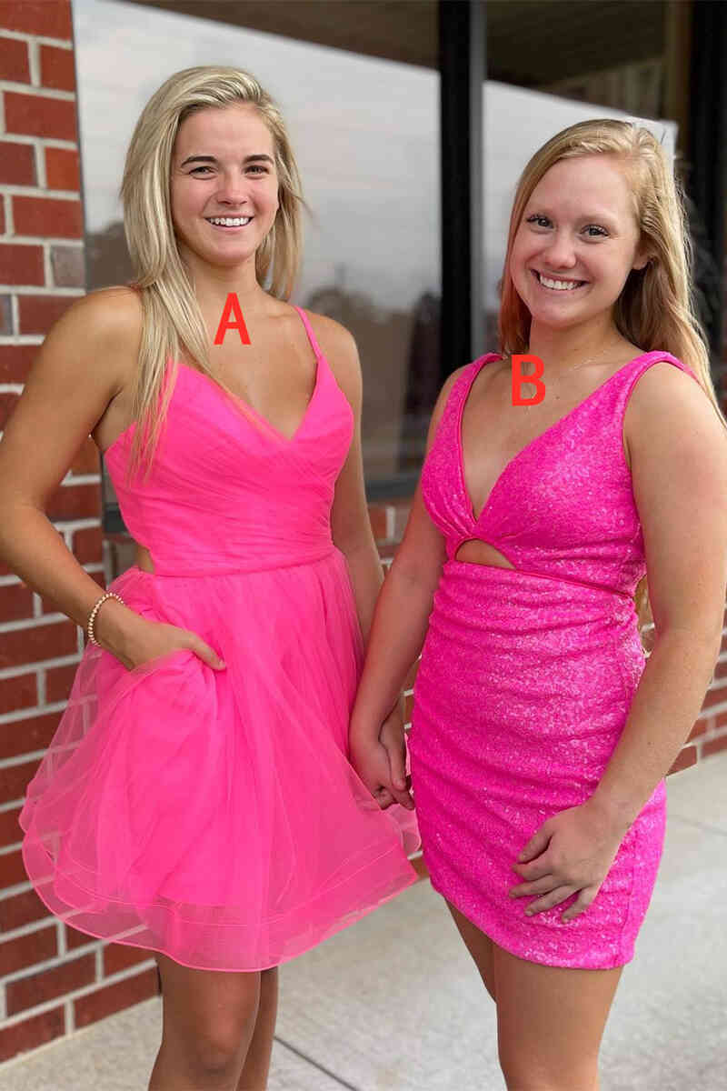 Cute Short V-Neck Hot Pink Homecoming Dress