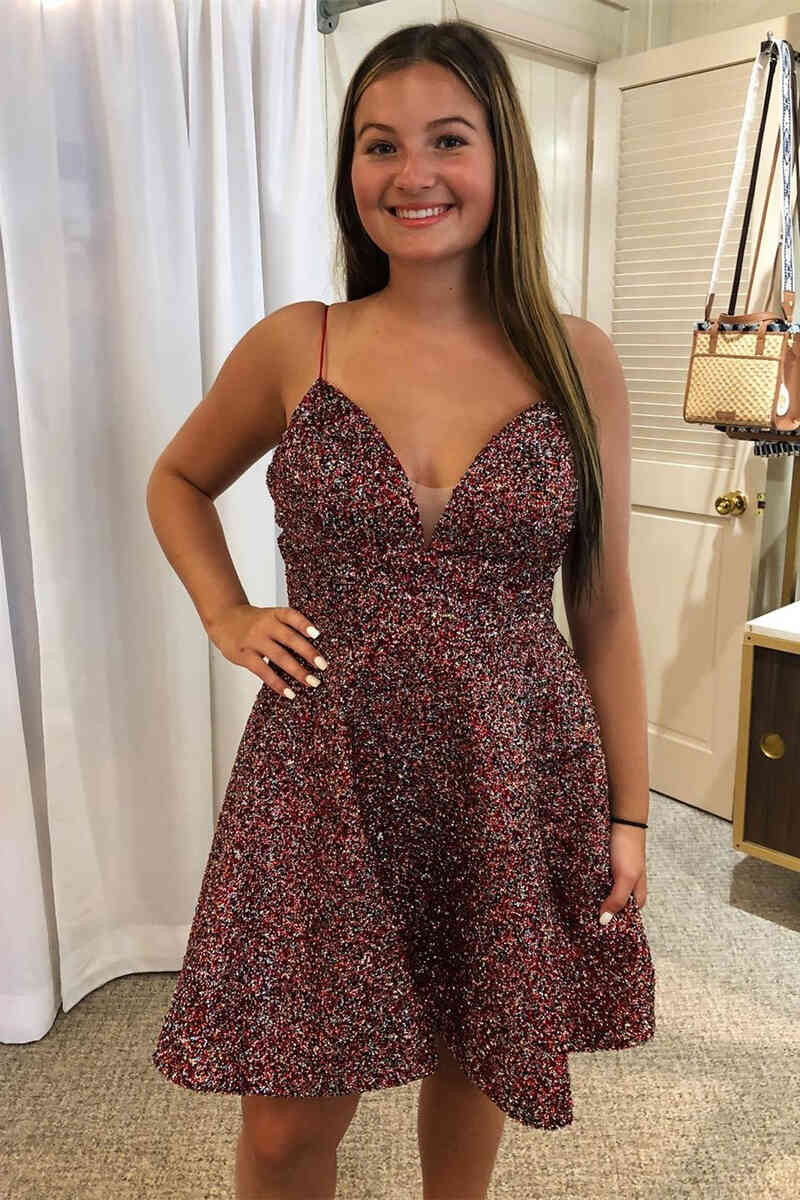 Glitter A-Line Straps Short Homecoming Dress