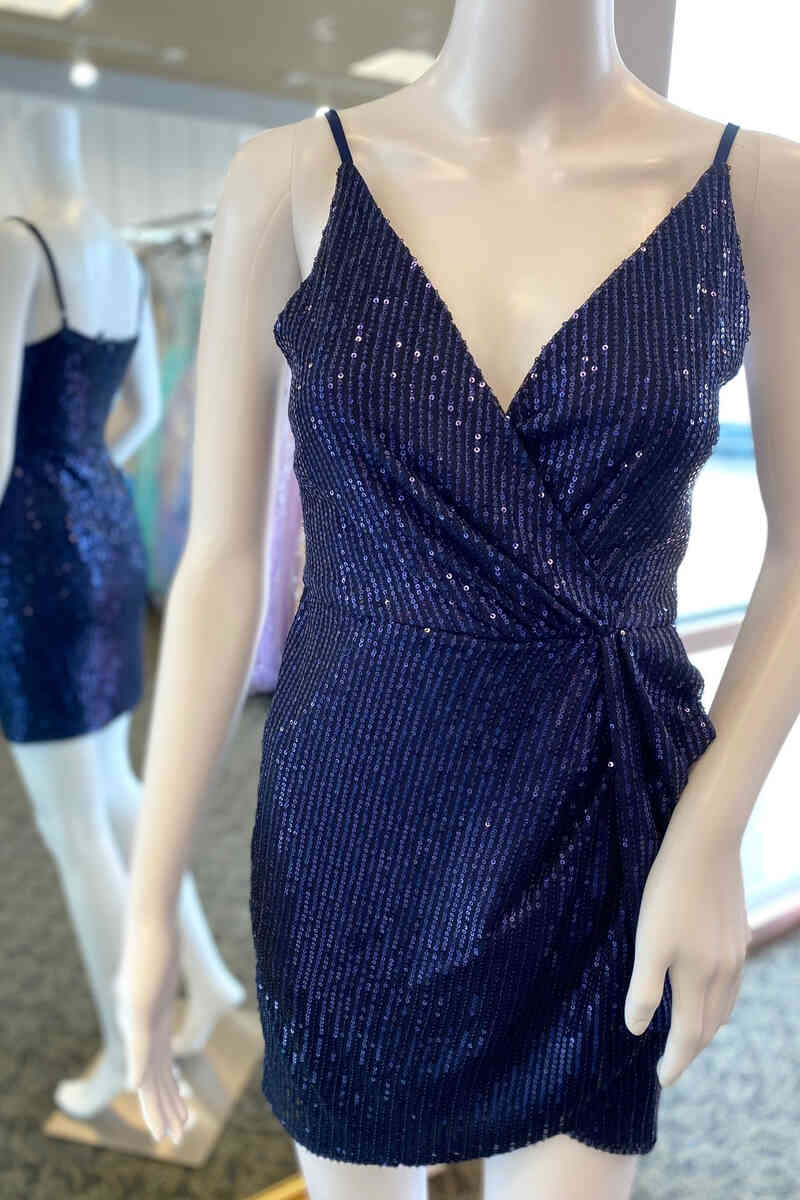 V-Neck Navy Blue Sequined Short Homecoming Dress