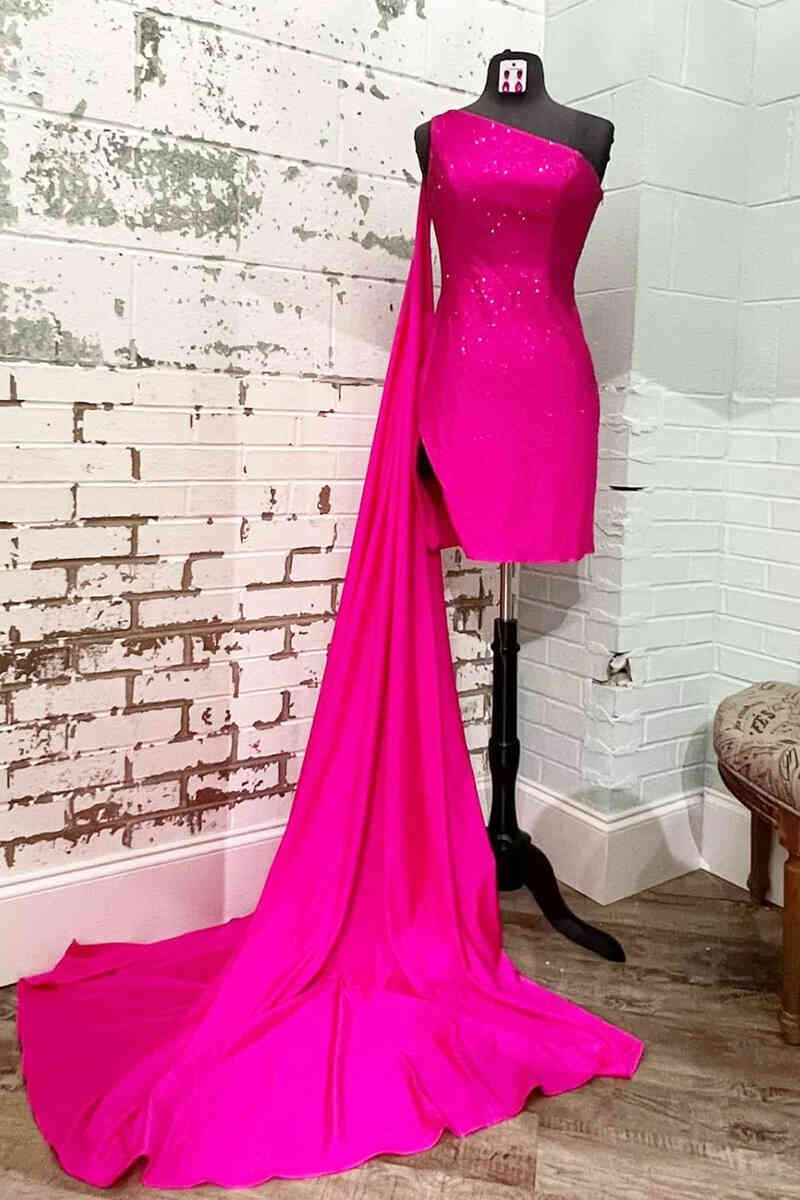 Short Hot Pink One Shoulder Homecoming Dress with Shawl