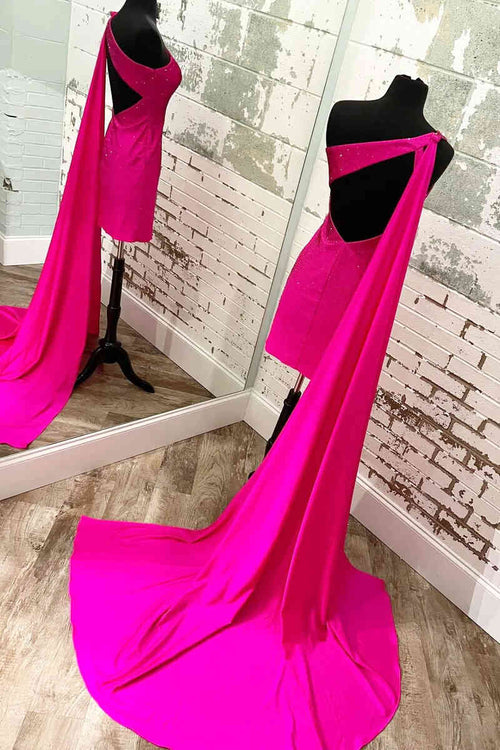 Short Hot Pink One Shoulder Homecoming Dress with Shawl