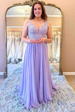 A-Line Lace Top Lavender Long Formal Dress with Appliques