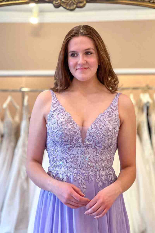 A-Line Lace Top Lavender Long Formal Dress with Appliques
