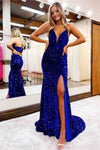 Lace-Up Royal Blue Sequined Mermaid Long Prom Dress