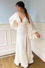 Plunging V-Neck Backless Ivory Wedding Dress with Sleeves