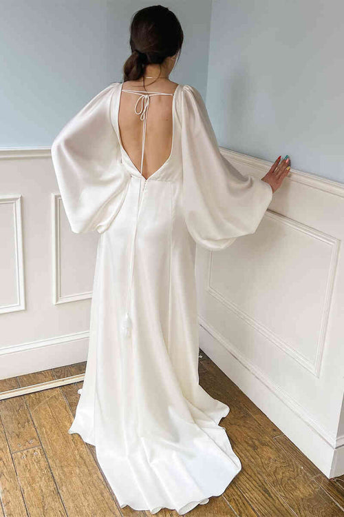 Plunging V-Neck Backless Ivory Wedding Dress with Sleeves