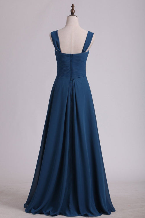 Straps Navy Blue Floor Lenght Bridesmaid Dress