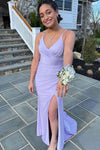 Double Straps Lilace Pleated Bridesmaid Dress with Slit