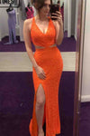 Cut Out V-Neck Orange Side Slit Mermaid Long Party Dress