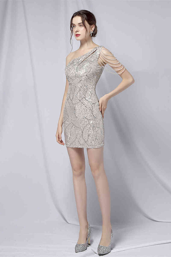 One Shoulder Burgundy Beaded Short Homecoming Dress