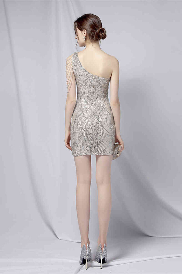 One Shoulder Burgundy Beaded Short Homecoming Dress