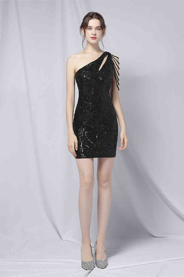 One Shoulder Burgundy Beaded Short Homecoming Dress