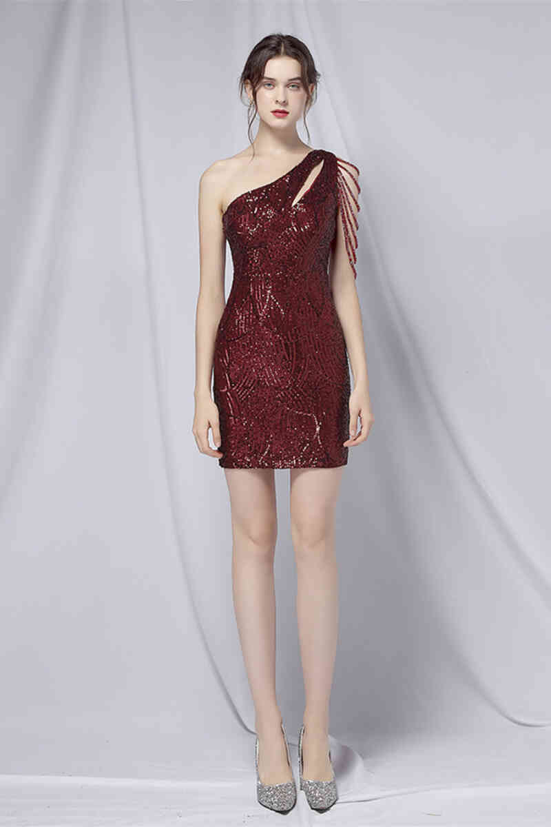 One Shoulder Burgundy Beaded Short Homecoming Dress