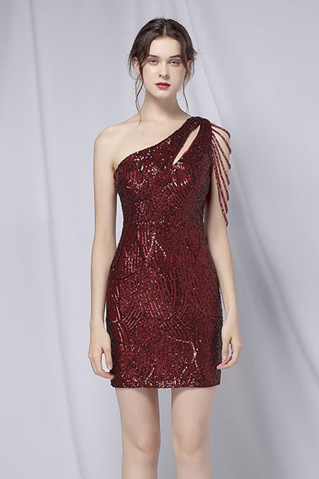 One Shoulder Burgundy Beaded Short Homecoming Dress