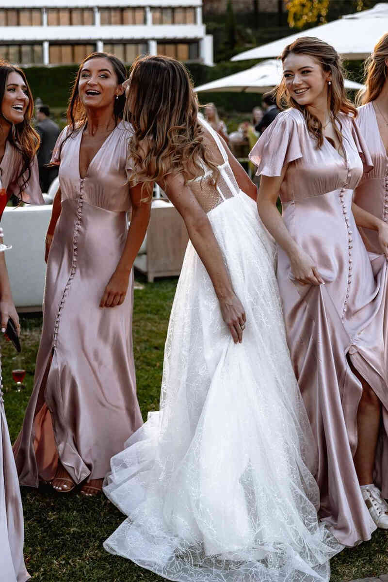 Elegant V-Neck Champagne Long Bridesmaid Dress with Sleeves