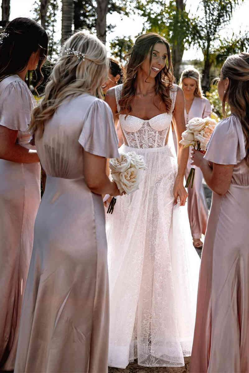 Elegant V-Neck Champagne Long Bridesmaid Dress with Sleeves