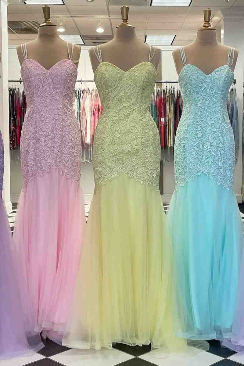 open lace back dress Spaghetti Straps Mermaid Appliqued Long Prom Dress – FancyVestido