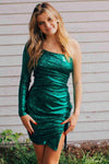 Tight Gliter One Shoulder Emerald Green Homecoming Dress
