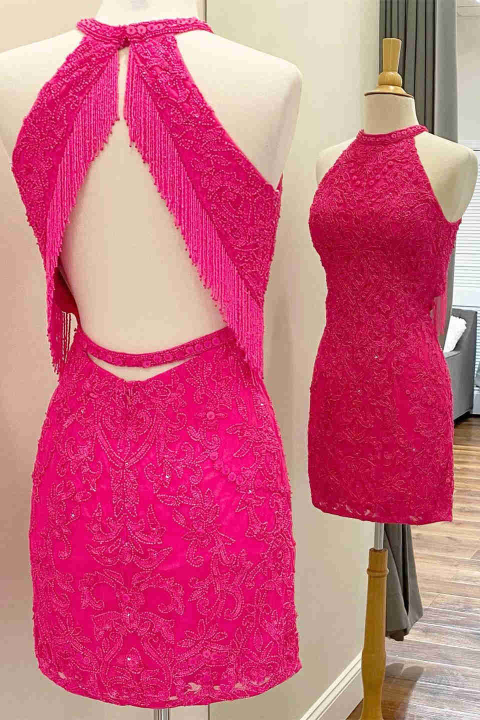 Gorgeous Hot Pink Beaded Tight Homecoming Dress with Tassel