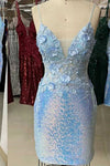 Straps Light Blue Sequins Appliqued Tight Homecoming Dress