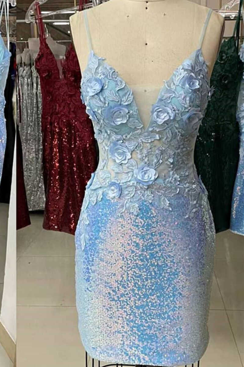open lace back dress Straps Light Blue Sequins Appliqued Tight Homecoming Dress – FancyVestido