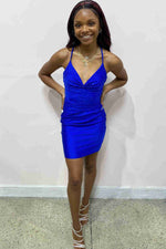 Tie Straps Halter Royal Blue Homecoming Dress with Rhinestones