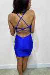 Tie Straps Halter Royal Blue Homecoming Dress with Rhinestones