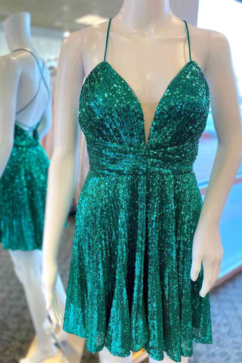 Tie Back Emerald Green Sequins Short Homecoming Dress