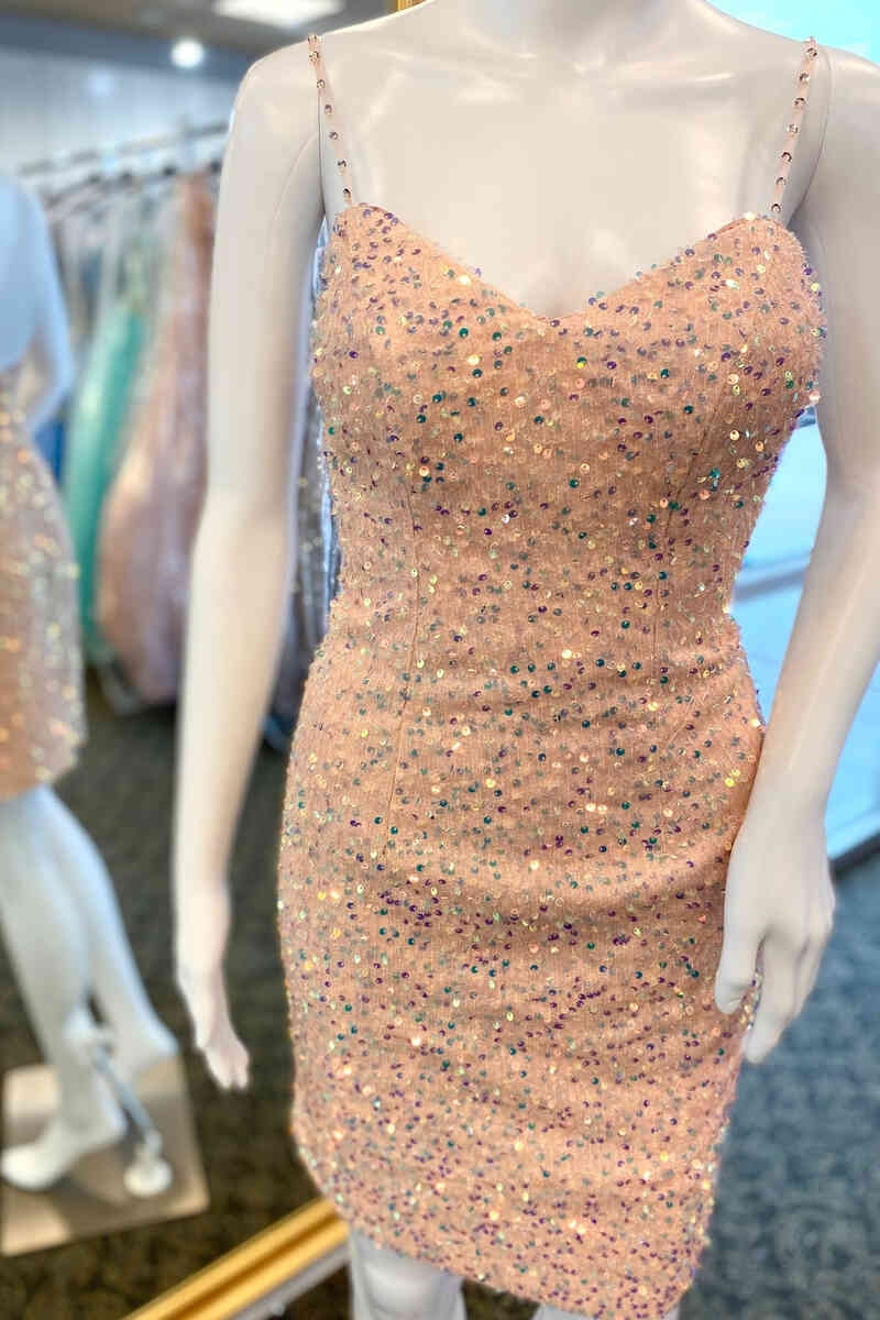 Peach Sequined Tight Homecoming Dress