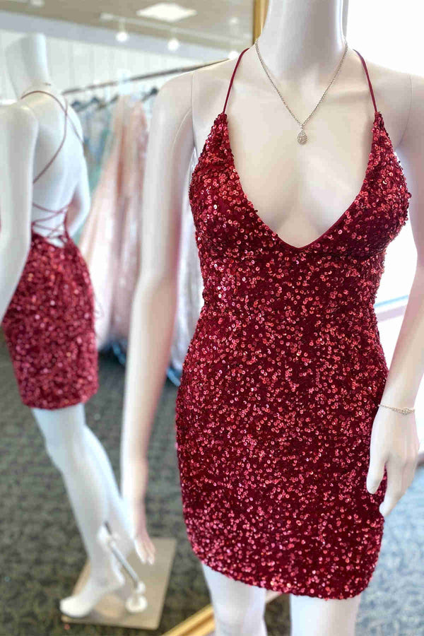 V-Neck Light Blue Sequind Short Party Dress