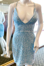 V-Neck Light Blue Sequind Short Party Dress