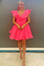 Cute Hot Pink Ruffled Tulle Short Party Dress