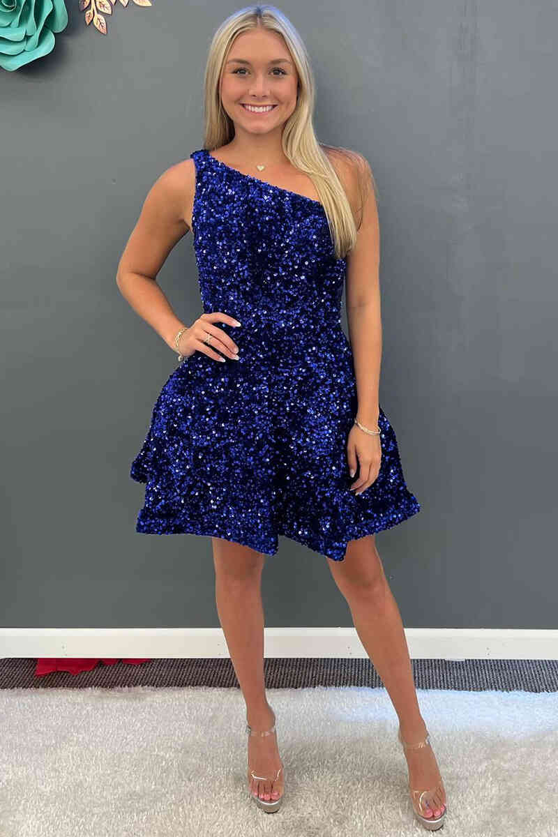 A-Line Short Royal Blue Sequins Homecoming Dress