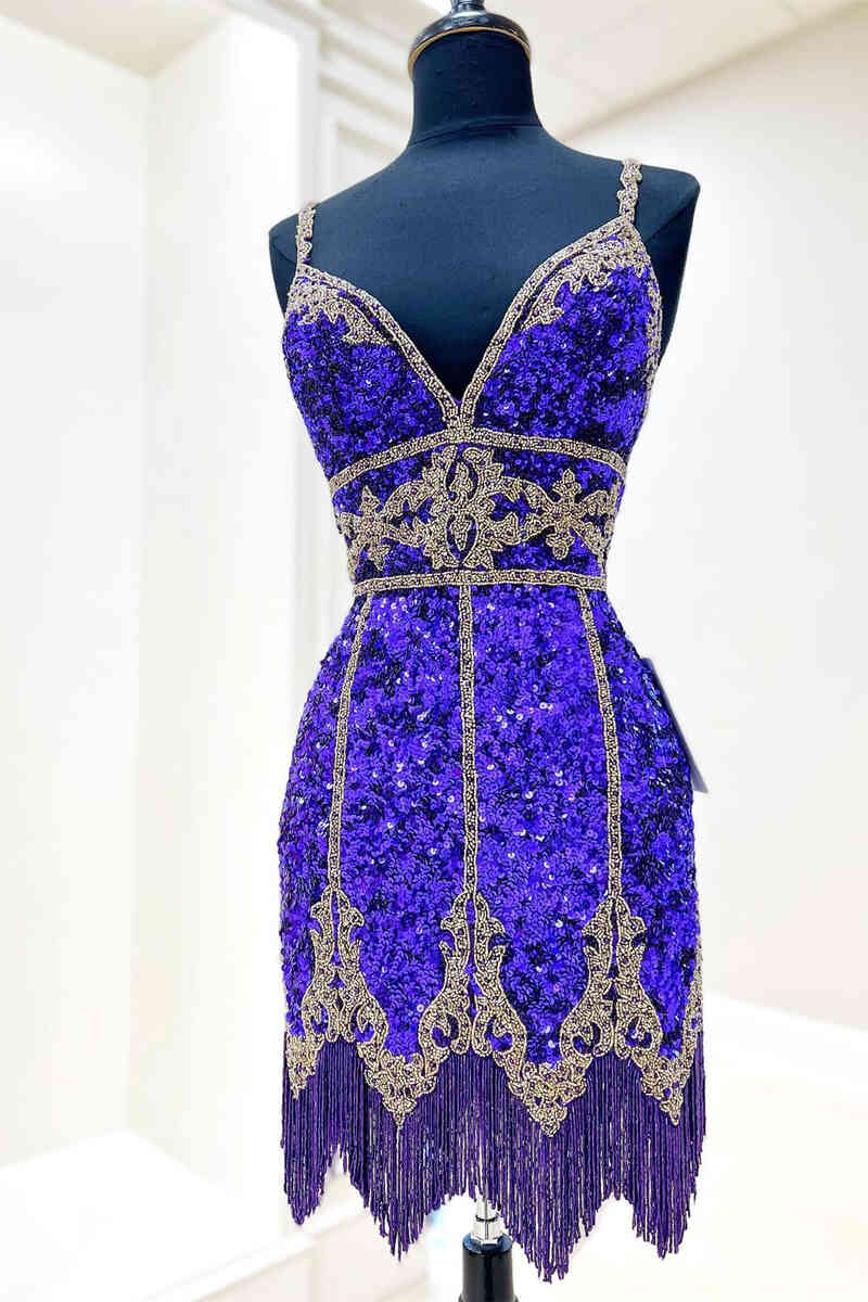 Glitter Purple Sequined Short Homecoming Dress with Tassel