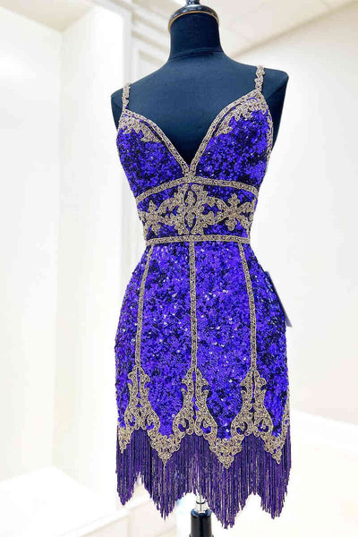 Glitter Purple Sequined Short Homecoming Dress with Tassel