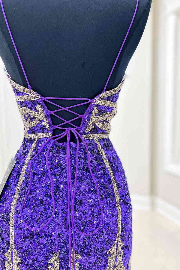 Glitter Purple Sequined Short Homecoming Dress with Tassel