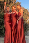 Spaghetti Straps Rust Red Long Mismatch Bridesmaid Dress