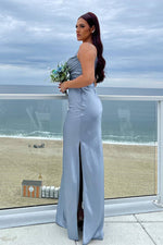 Cowl Neck Dusty Blue Long Bridesmaid Dress