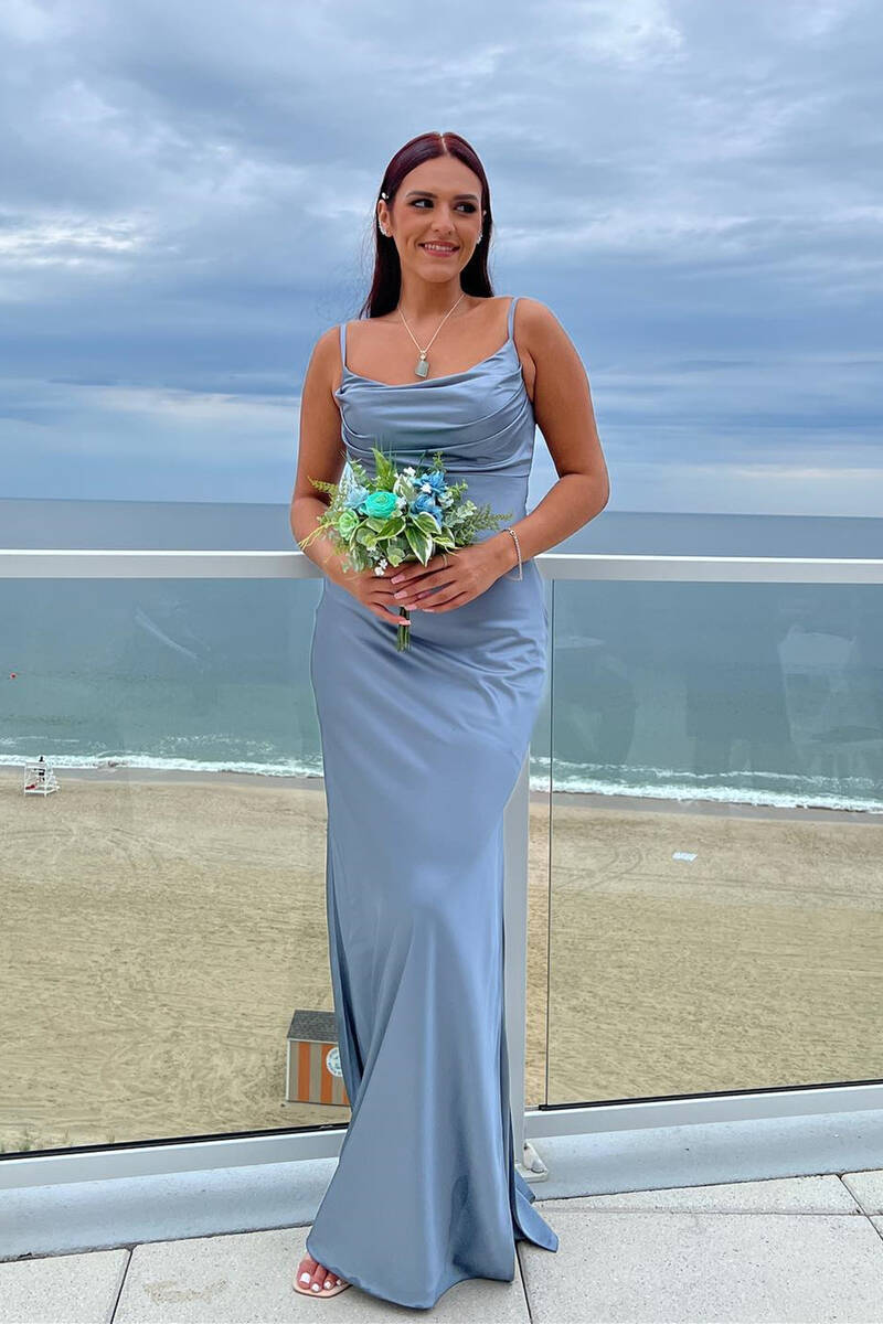Cowl Neck Dusty Blue Long Bridesmaid Dress