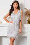 V-Neck Silver Short Party Dress with Tassel